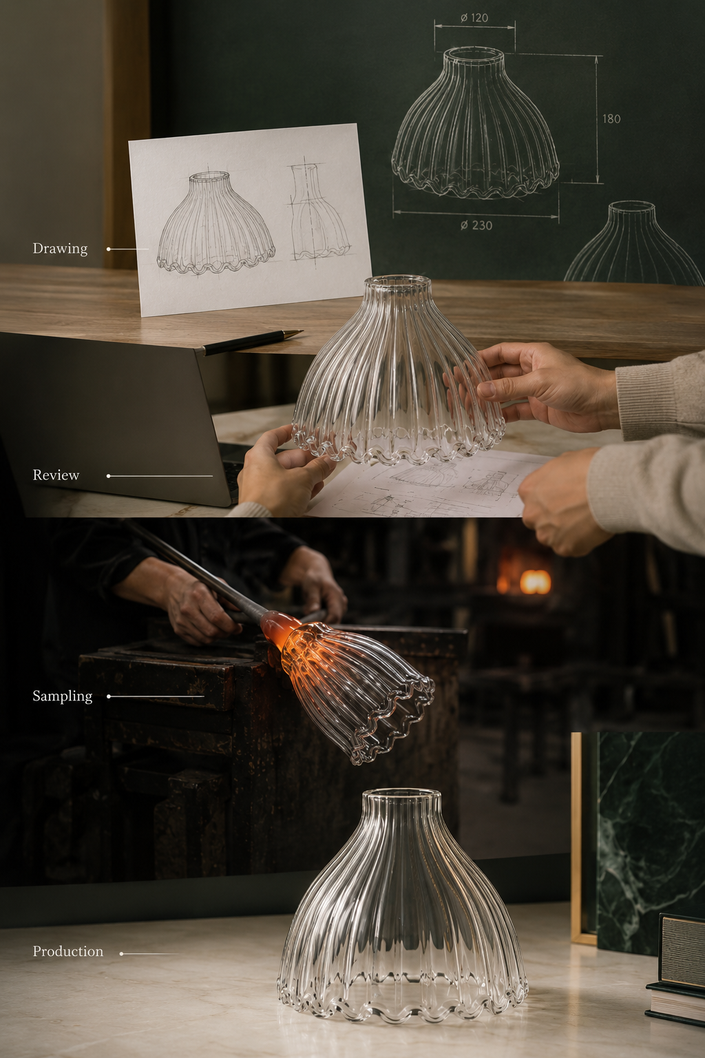 Custom glass shade development workflow from drawing review to production