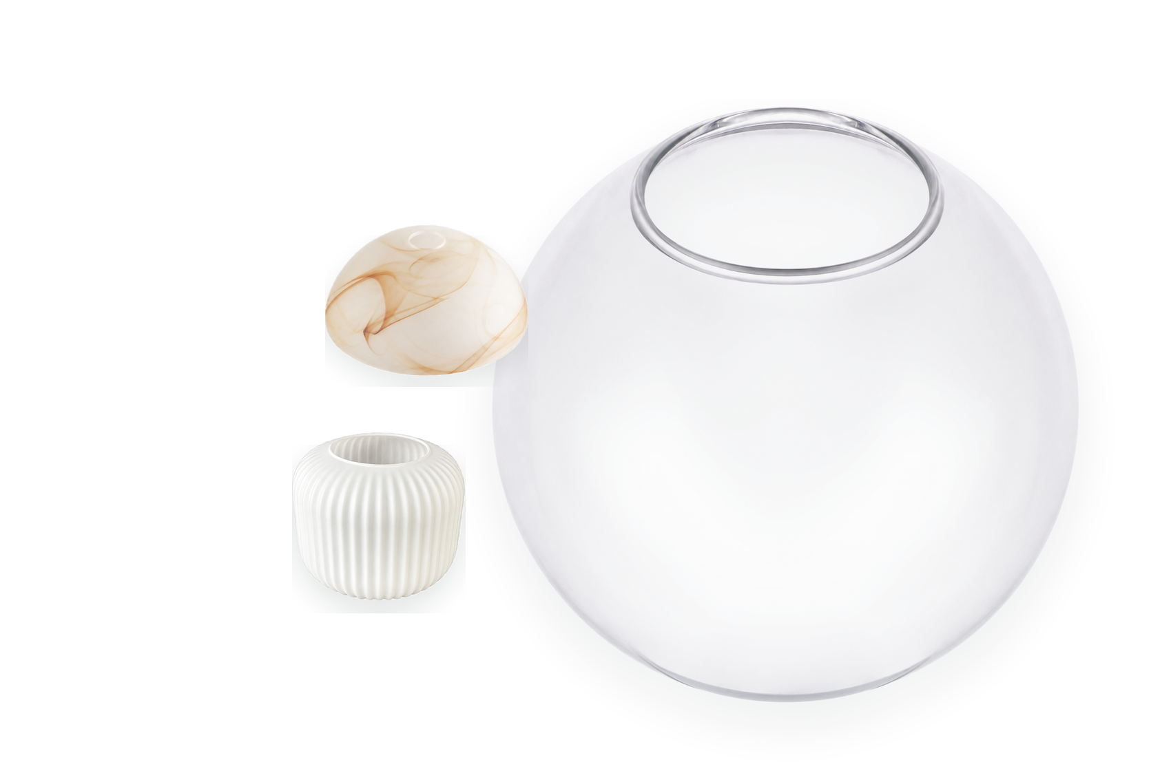 Transparent, alabaster-effect and white ribbed glass shades
